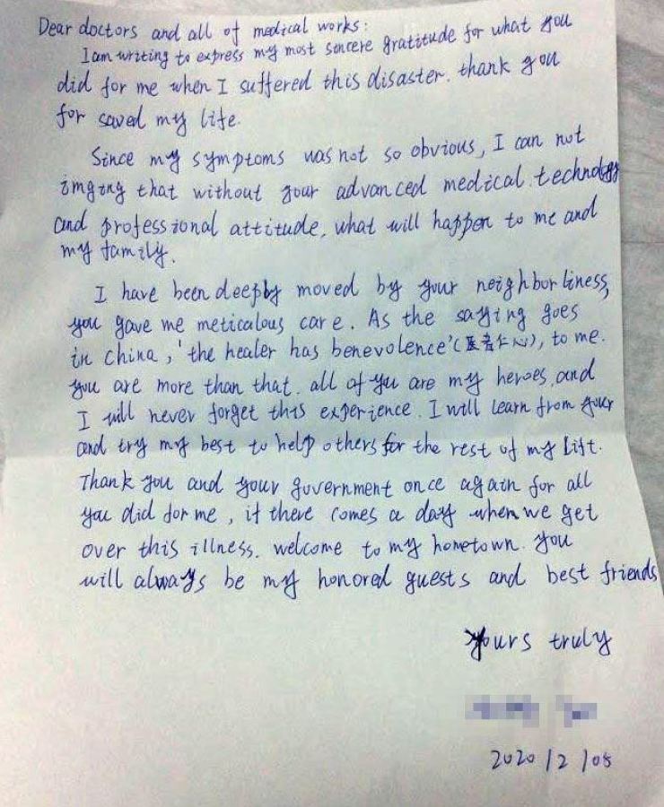 'You are my hero': Chinese coronavirus patient's letter to Korean medical team